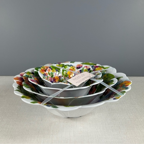 Rachel Zoe Melamine Nesting Bowls Spring Pansy Floral Scalloped Set of 4 NEW - Picture 4 of 5